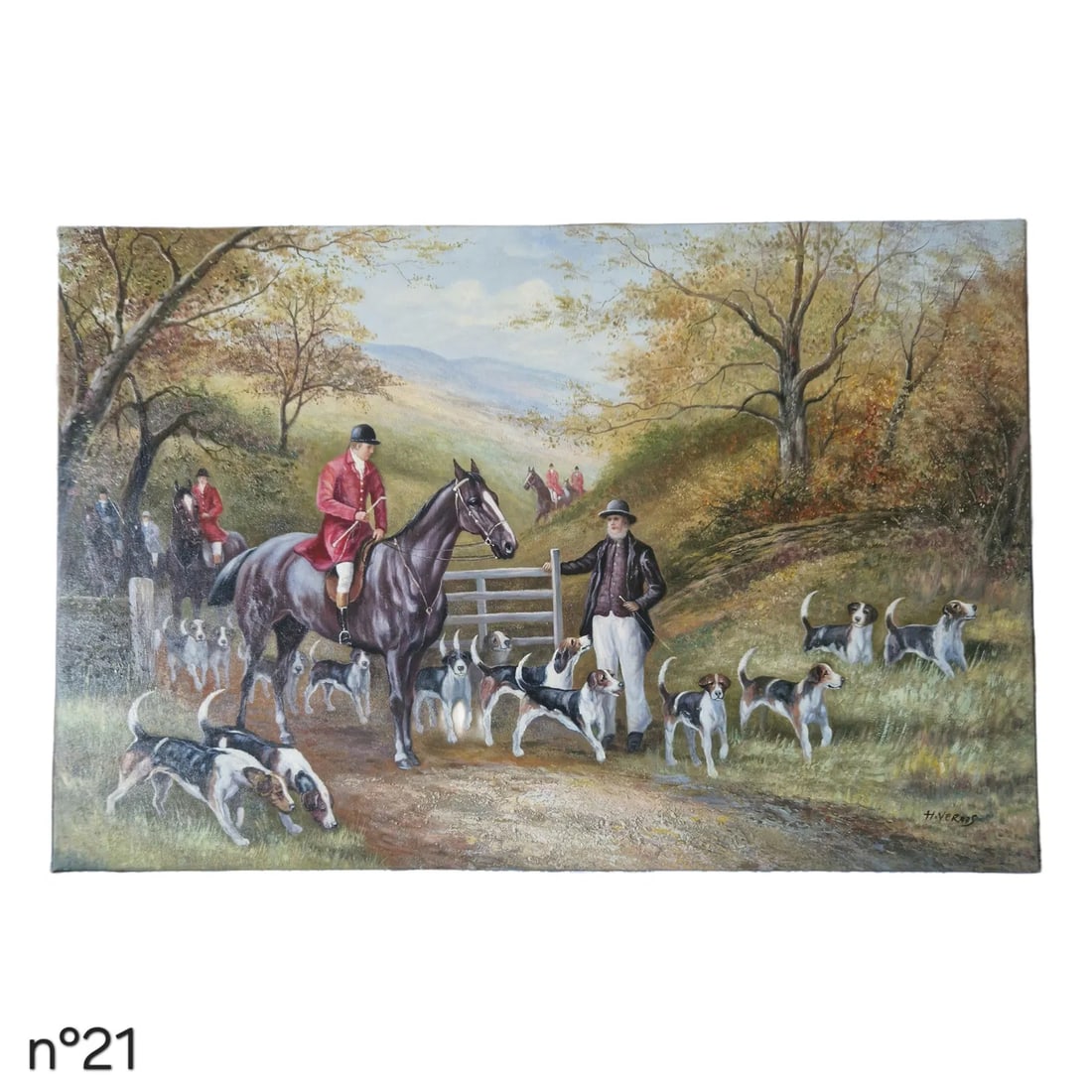 Mid-20th Century Signed H. Verdus - English Hunt Scene With Riders and Hounds, Oil on Canvas - 2