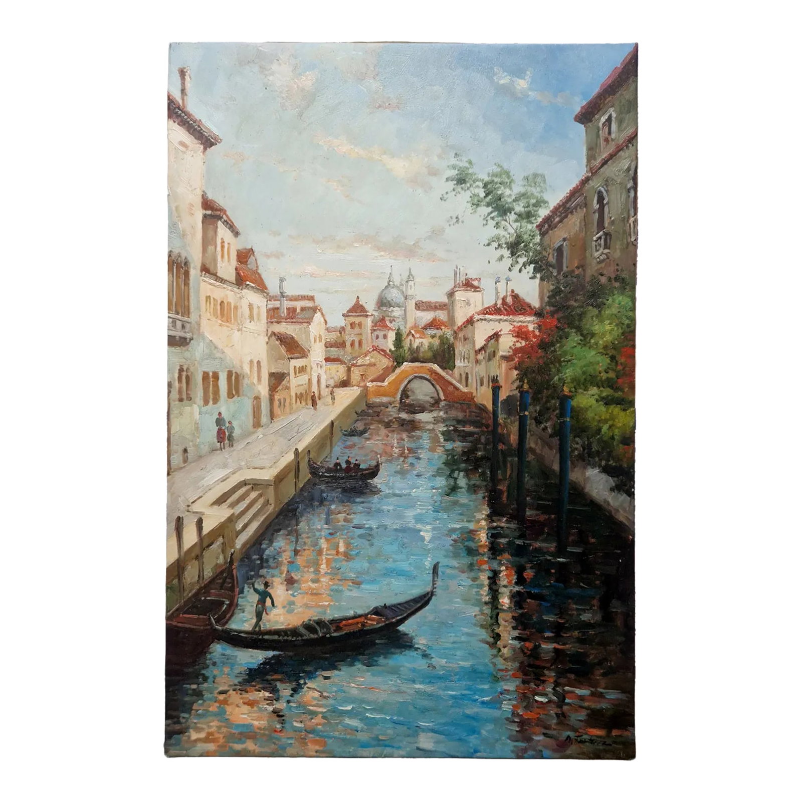 Mid-20th Century Signed M. Torres - Coastal Harbor Scene, Oil on Canvas: Oil on canvas depicting a coastal harbor scene with boats on calm water and low buildings along the shoreline. The composition includes reflections in the water and a soft sky with diffused light.