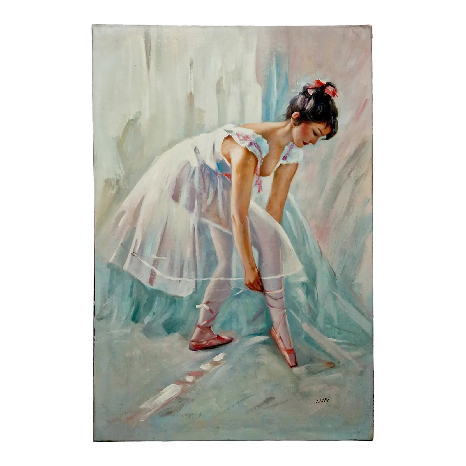 Mid-20th Century Signed S. Hills - Ballerina Adjusting Pointe Shoe, Oil on Canvas: Oil on canvas depicting a ballerina seated and adjusting her pointe shoe, dressed in a soft white tutu with delicate pink accents. The composition is rendered in a light, Impressionistic style with