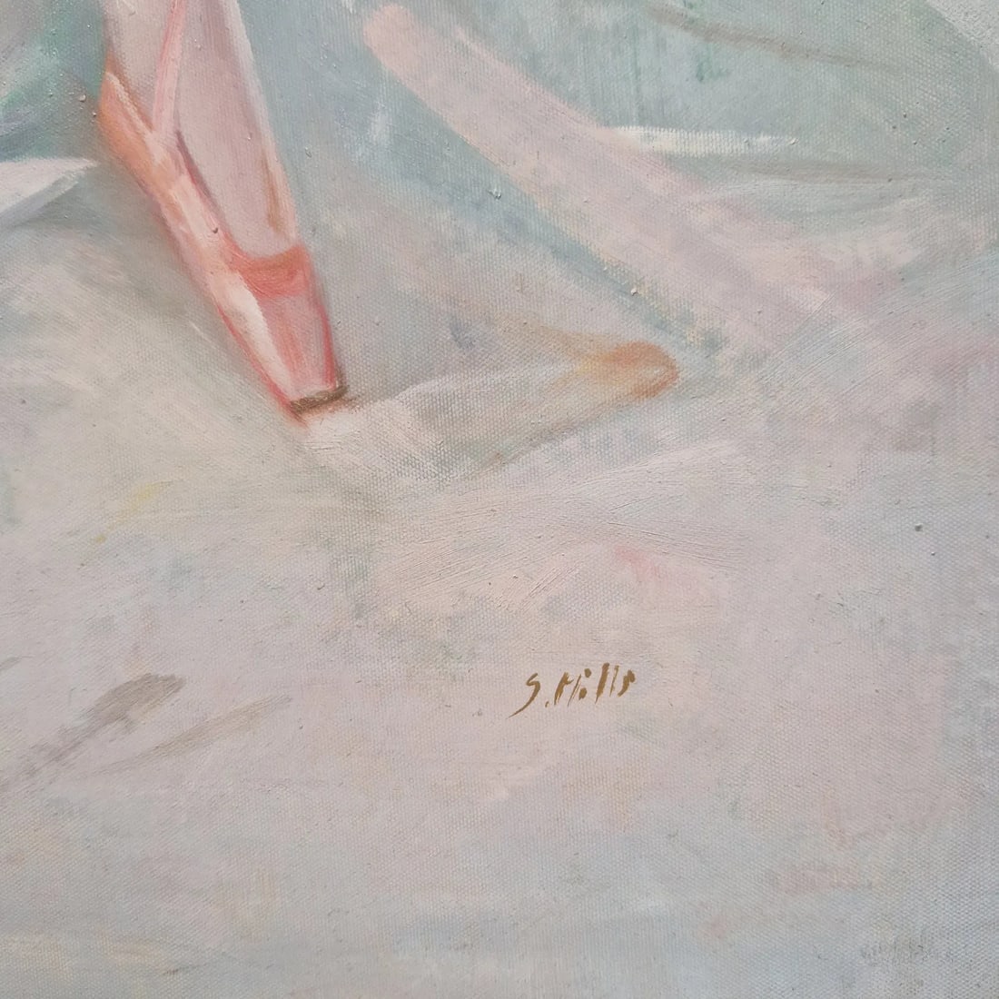 Mid-20th Century Signed S. Hills - Ballerina Adjusting Pointe Shoe, Oil on Canvas - 4