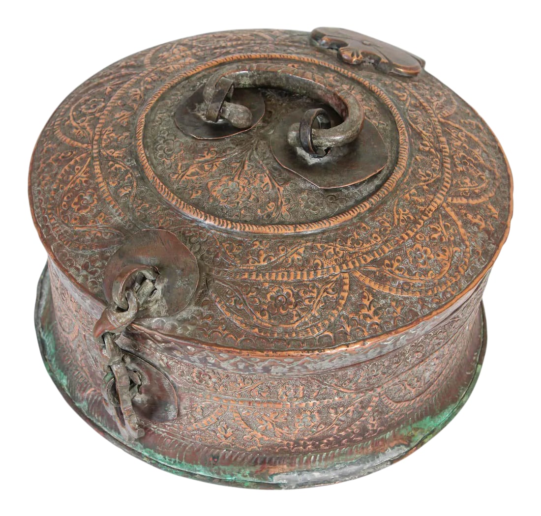 Antique South Asian Mughal Round Tinned Copper Box With Lid India 19th Century (1 of 12)