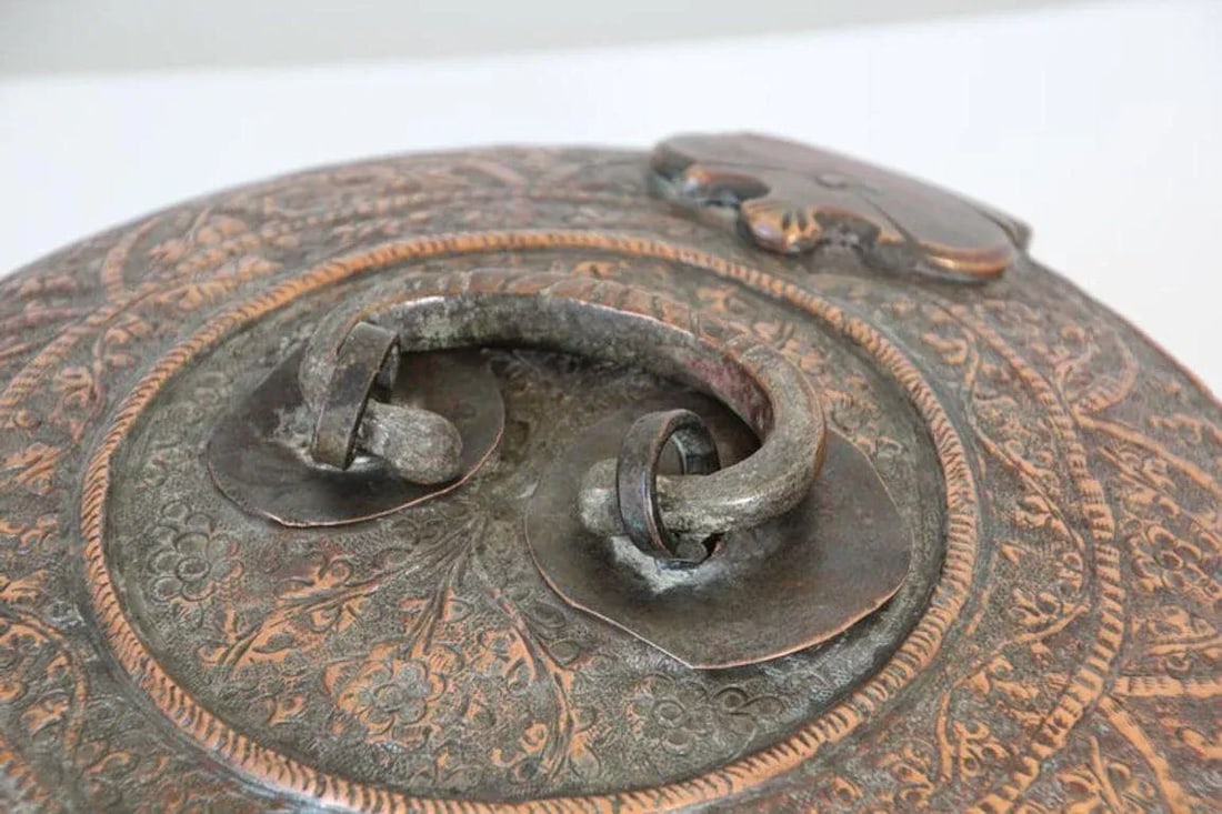 Antique South Asian Mughal Round Tinned Copper Box With Lid India 19th Century - 2
