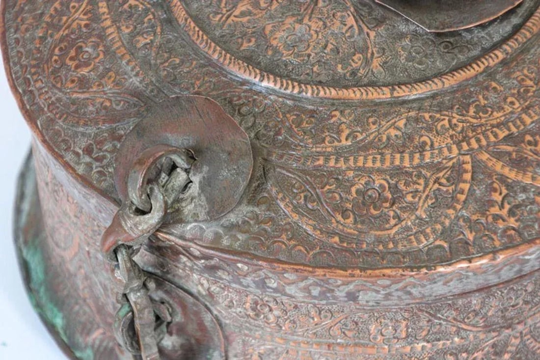 Antique South Asian Mughal Round Tinned Copper Box With Lid India 19th Century - 3