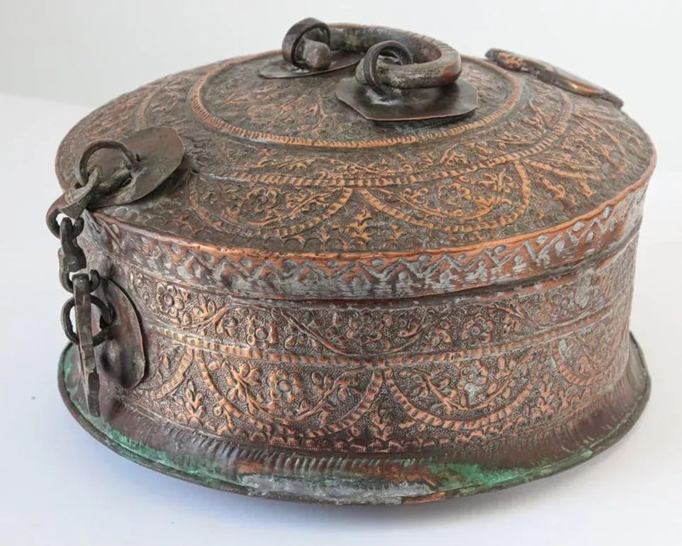 Antique South Asian Mughal Round Tinned Copper Box With Lid India 19th Century - 4