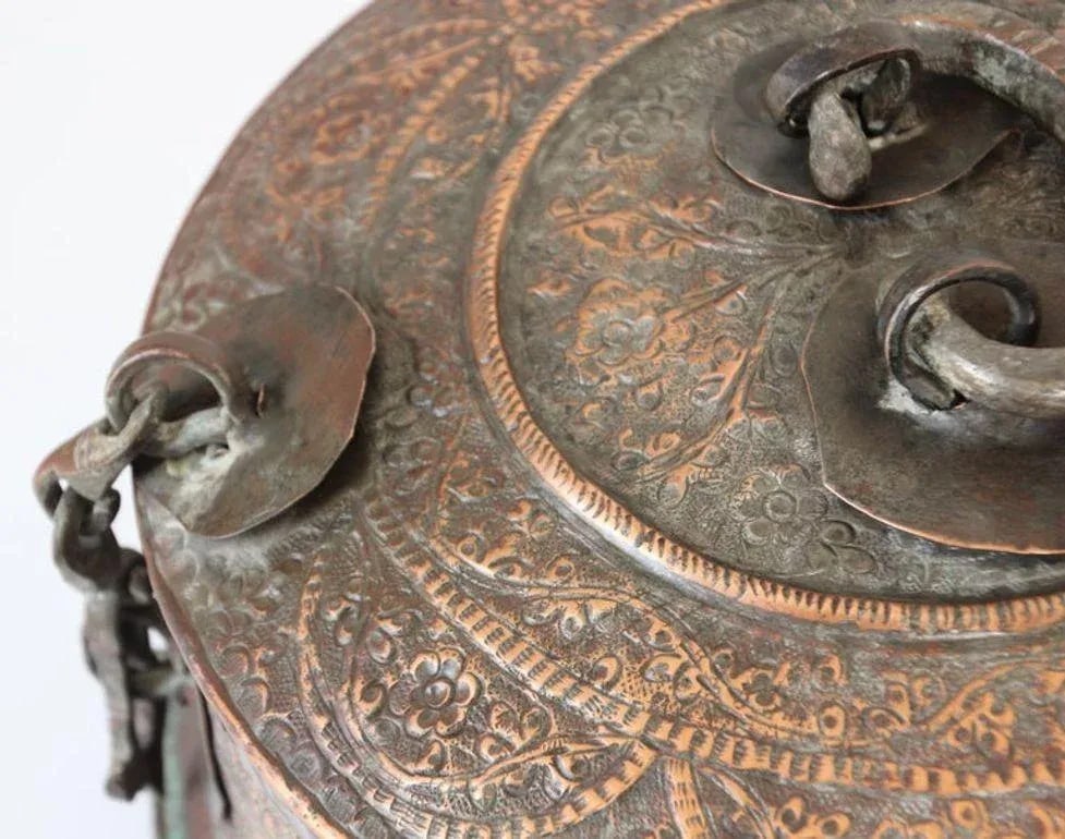 Antique South Asian Mughal Round Tinned Copper Box With Lid India 19th Century - 6