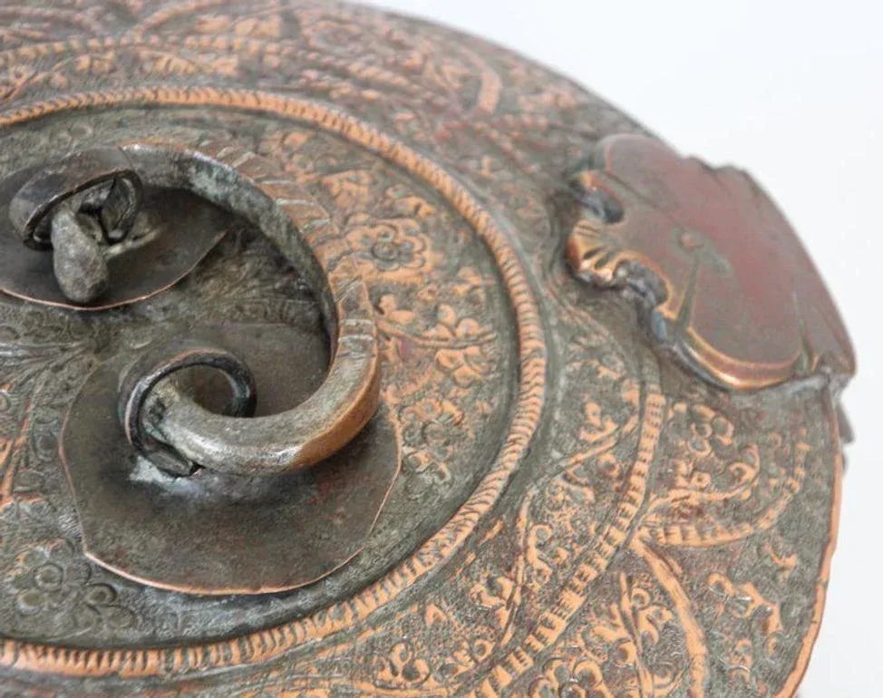 Antique South Asian Mughal Round Tinned Copper Box With Lid India 19th Century - 7