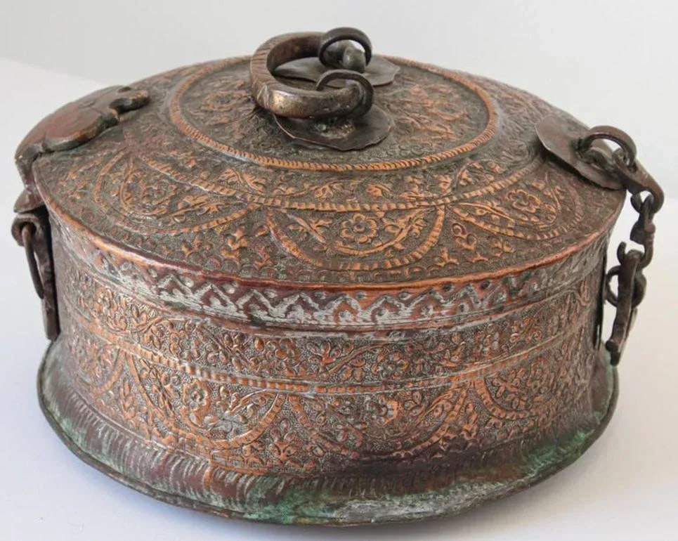 Antique South Asian Mughal Round Tinned Copper Box With Lid India 19th Century - 9