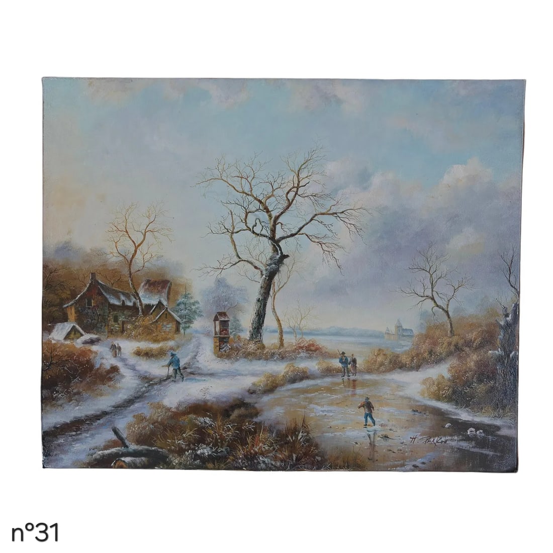 Mid-20th Century Signed H. Parker - Winter Landscape With Figures, Oil on Canvas - 2
