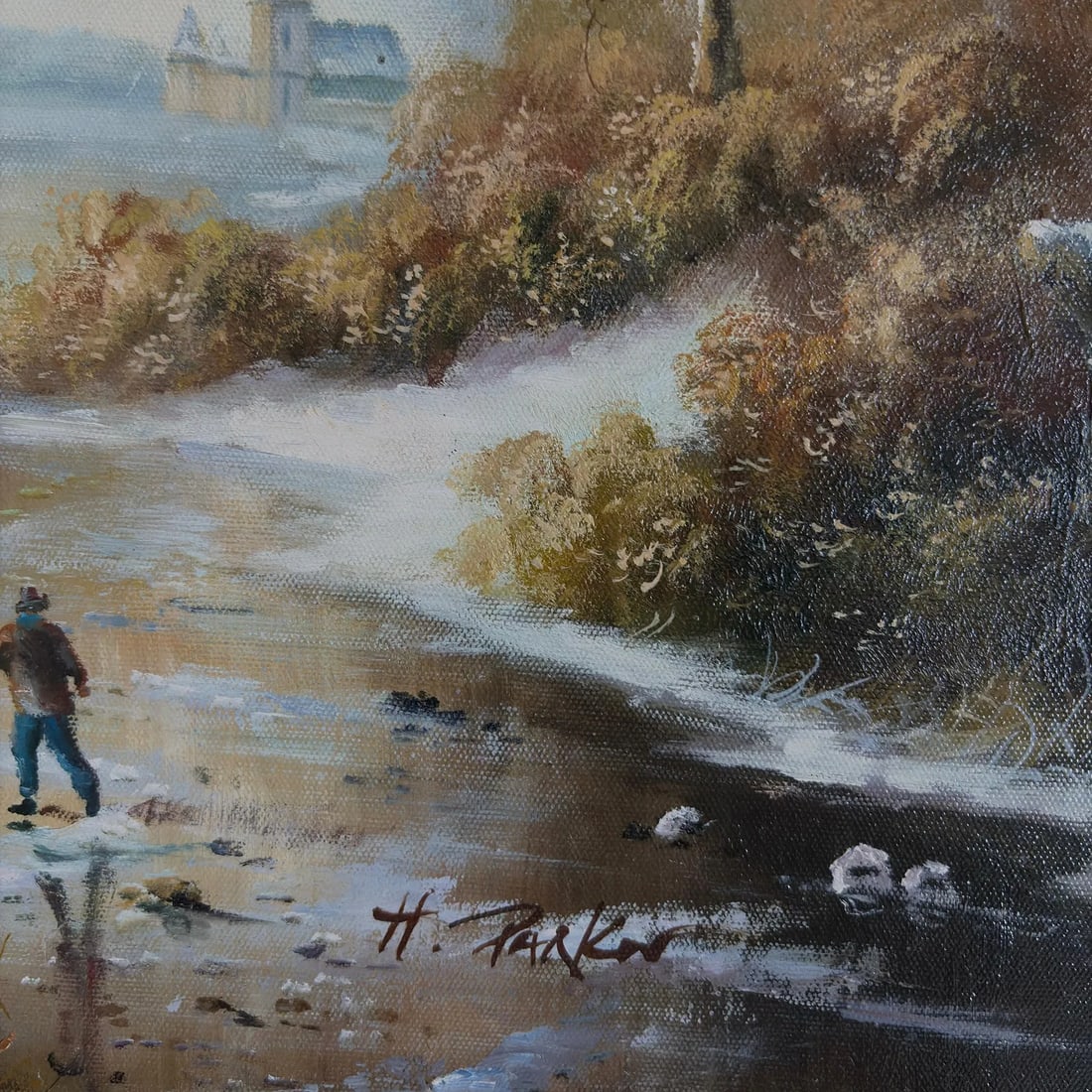 Mid-20th Century Signed H. Parker - Winter Landscape With Figures, Oil on Canvas - 4