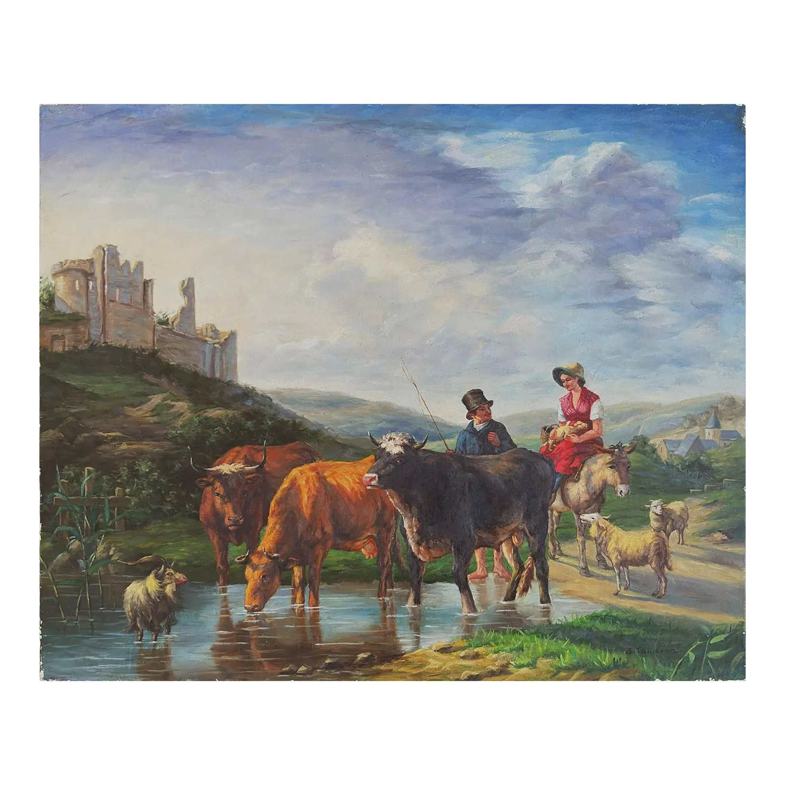Mid-20th Century Signed B. Parkerson - Pastoral Scene With Cattle, Oil on Canvas: Oil on canvas depicting a pastoral landscape with cattle standing in shallow water in the foreground. A male figure and a seated woman on a donkey appear along a dirt path to the right, accompanied