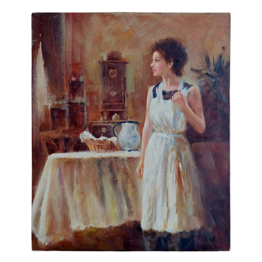 Mid-20th Century Signed J. Viss - Woman With Coffee Cup, Oil on Canvas: Signed oil on canvas by J. Viss (signature indistinct), circa late 20th century, depicting a young woman standing in an interior holding a coffee cup beside a table set with bread and a ceramic