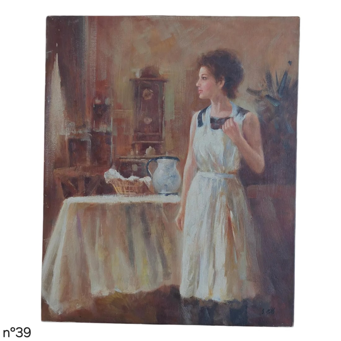 Mid-20th Century Signed J. Viss - Woman With Coffee Cup, Oil on Canvas - 2