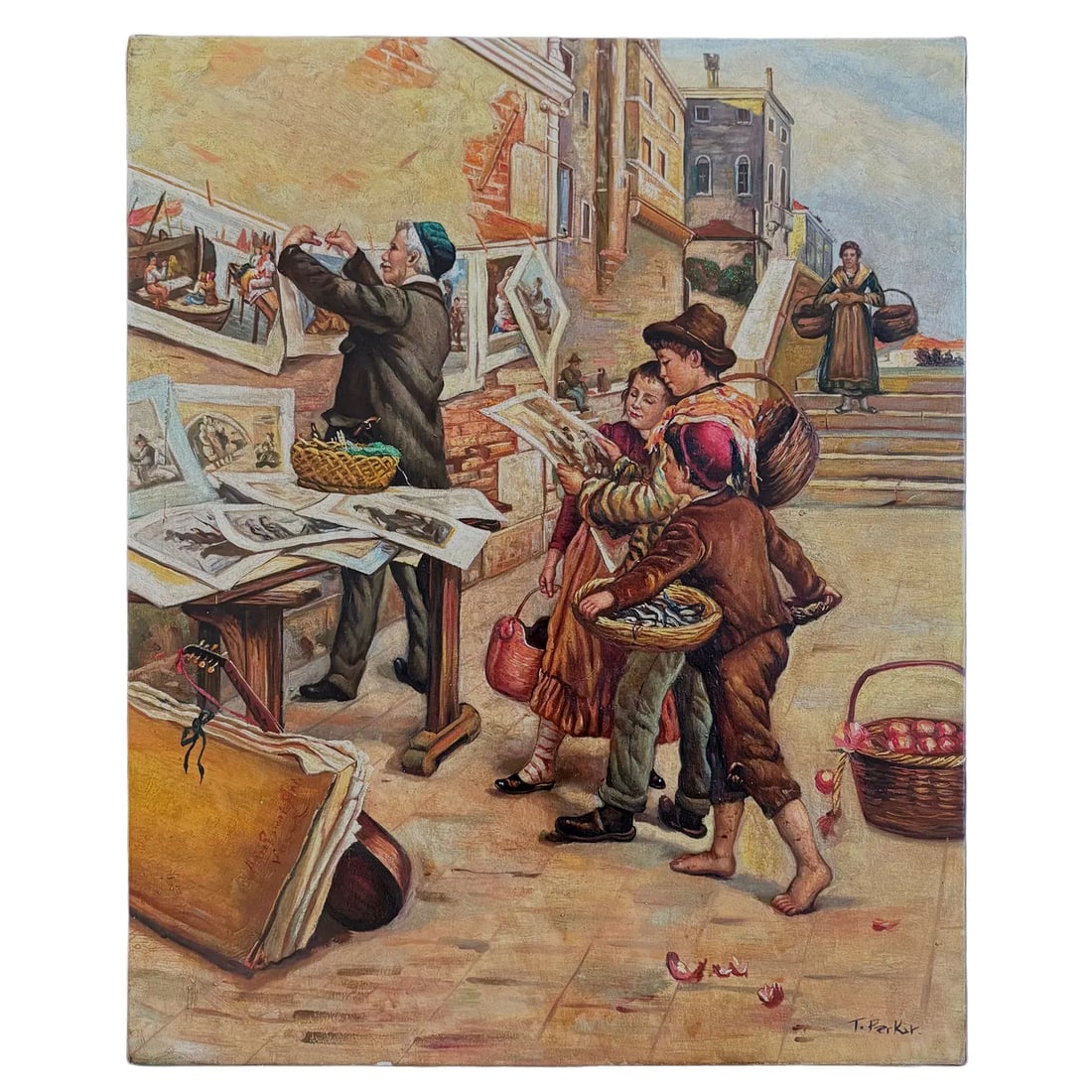 Mid-20th Century Signed T. Parker - Venetian Print Seller, Oil on Canvas (1 of 4)