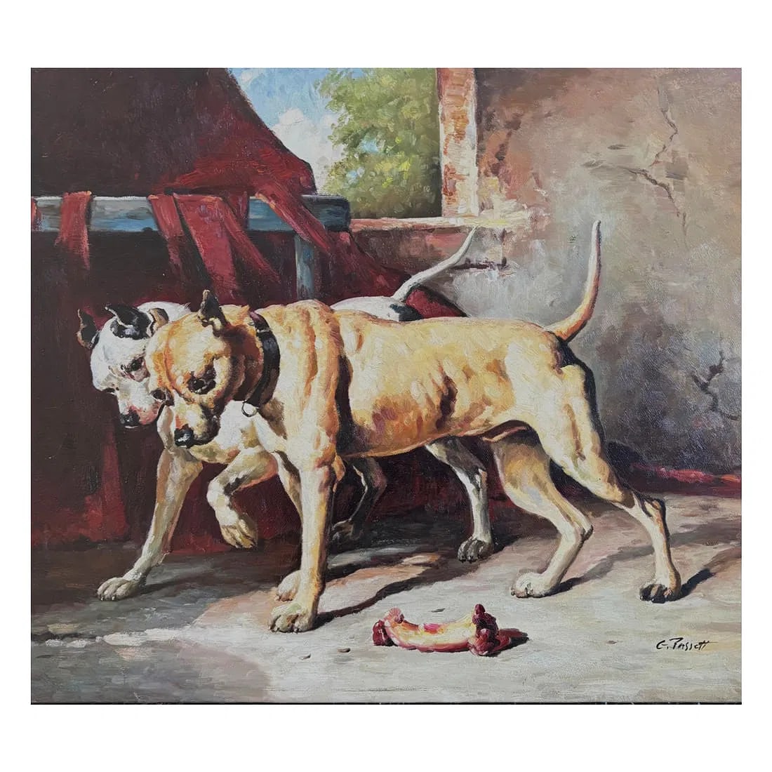 Mid-20th Century Signed C. Tassett - Two Dogs in an Interior, Oil on Canvas: Signed oil on canvas by C. Tassett, circa late 20th century, depicting two dogs moving through an interior beside a draped chair, with a bone in the foreground. Executed in a traditional European