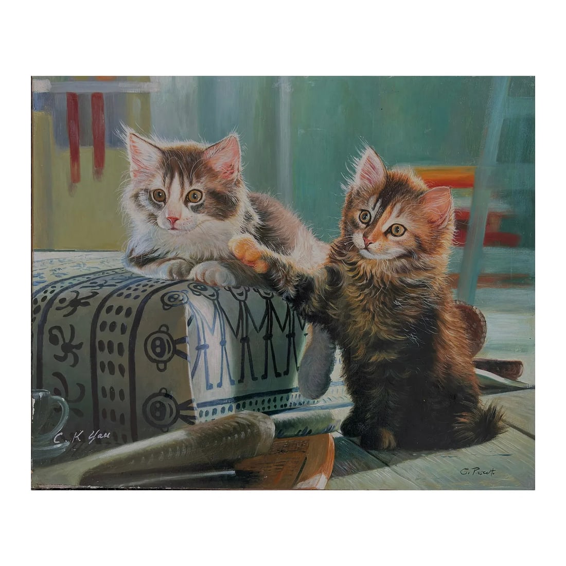 Mid-20th Century Signed G. Pascut - Two Kittens at Play, Oil on Canvas: Signed oil on canvas by G. Pascut, circa late 20th century, depicting two playful kittens beside a patterned cushion in an interior setting. Executed in a realistic decorative style, the composition