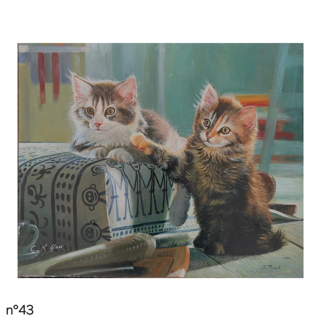 Mid-20th Century Signed G. Pascut - Two Kittens at Play, Oil on Canvas - 2
