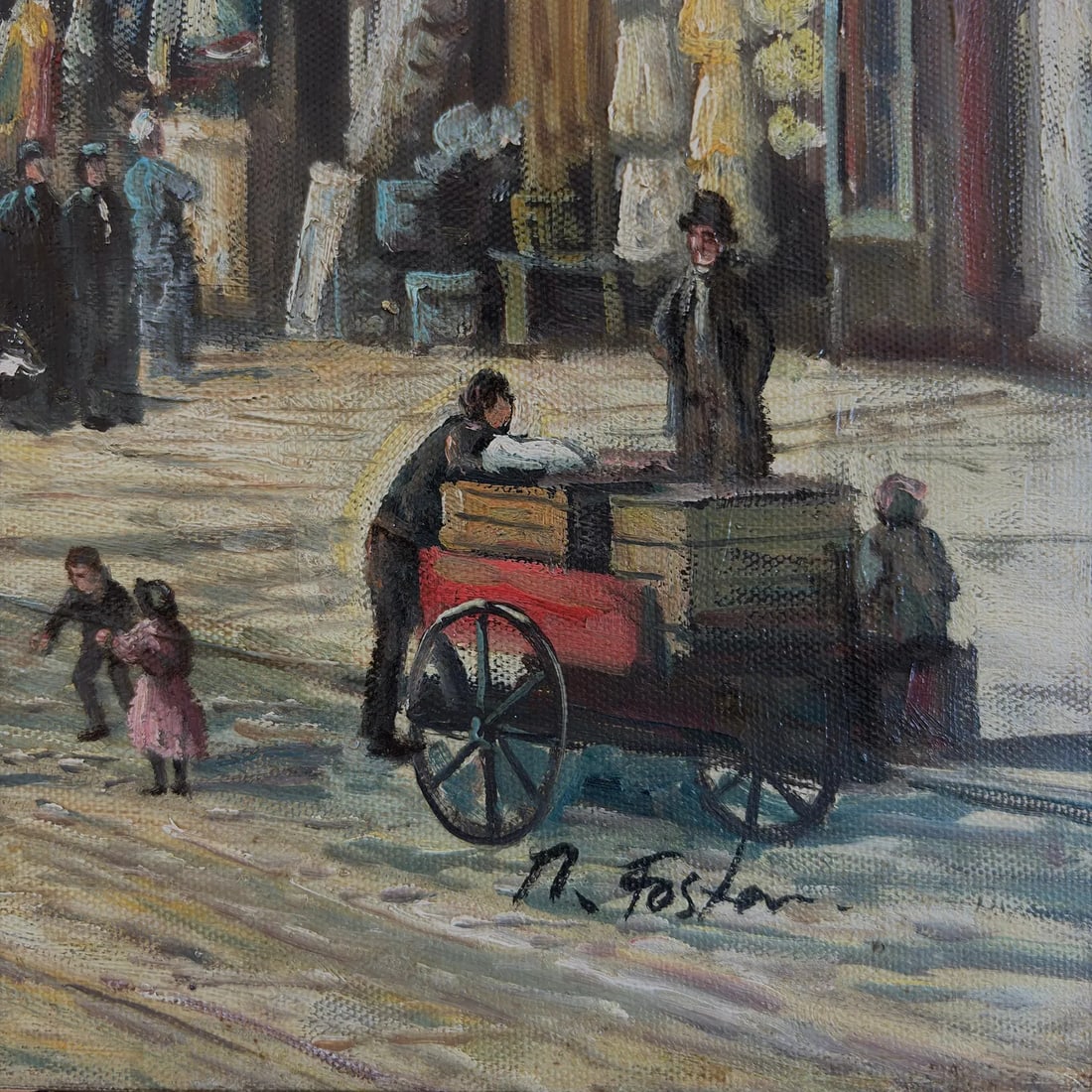 Late 20th Century Signed R. Foster - Victorian Street Market Scene, Oil on Canvas - 3