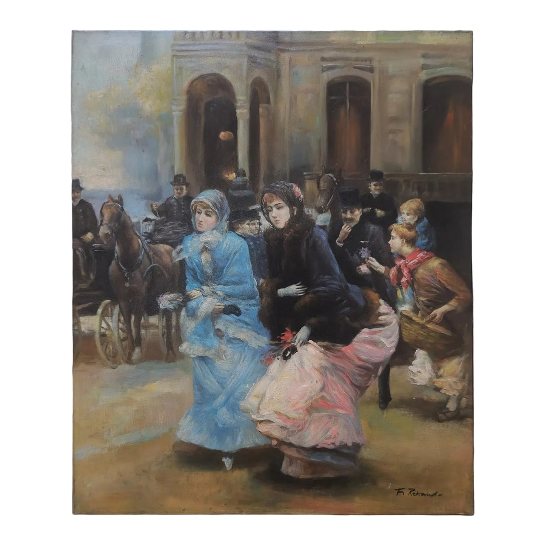Mid-20th Century Signed F. Renard - Elegant Street Scene, Oil on Canvas: Signed oil on canvas by F. Renard, circa late 20th century, depicting elegantly dressed figures in a bustling city street with horse-drawn carriage and architectural backdrop. Painted in a refined