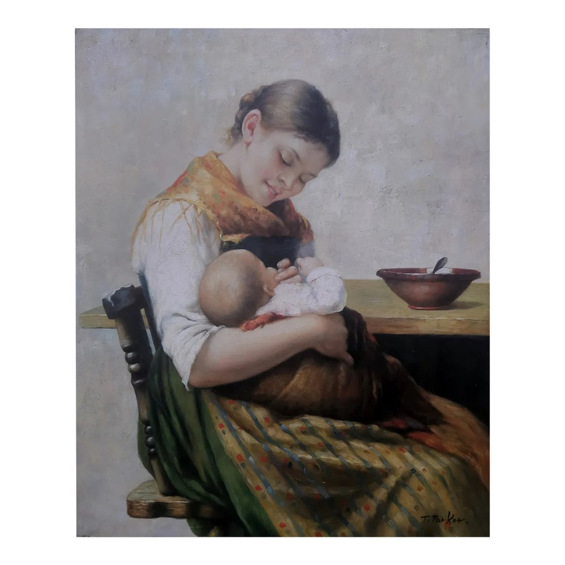 Mid-20th Century Signed T. Parker - Mother and Child Interior Scene, Oil on Canvas: Oil on canvas depicting a seated woman holding and nursing a child in a quiet interior setting. The composition focuses on the intimate interaction between mother and infant, rendered with soft
