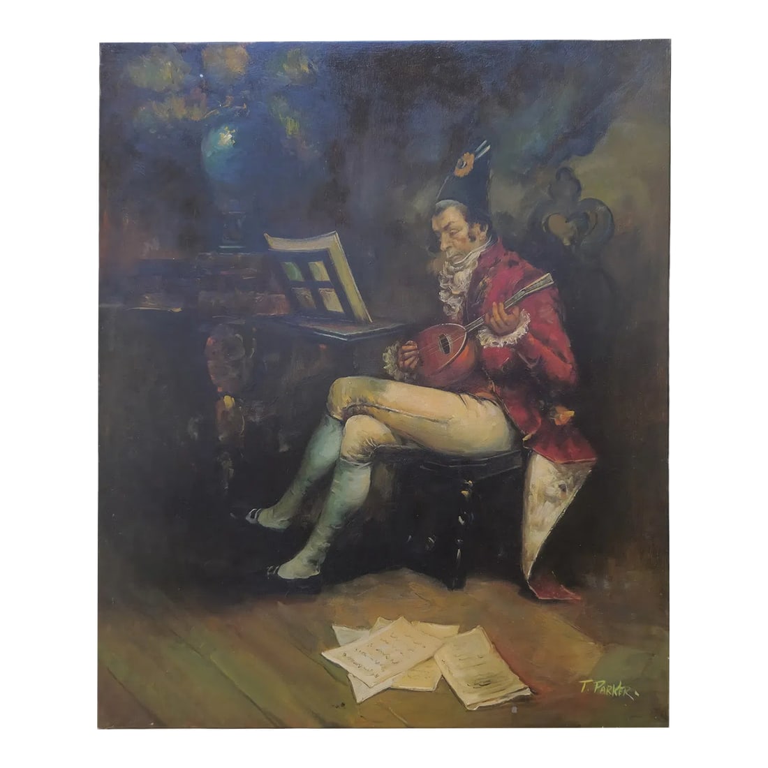 Mid-20th Century Signed T. Parker - Seated Musician With Lute, Oil on Canvas: Oil on canvas depicting a seated musician in period attire playing a lute beside a keyboard instrument. The composition is set in a dimly lit interior, with sheet music scattered in the foreground,