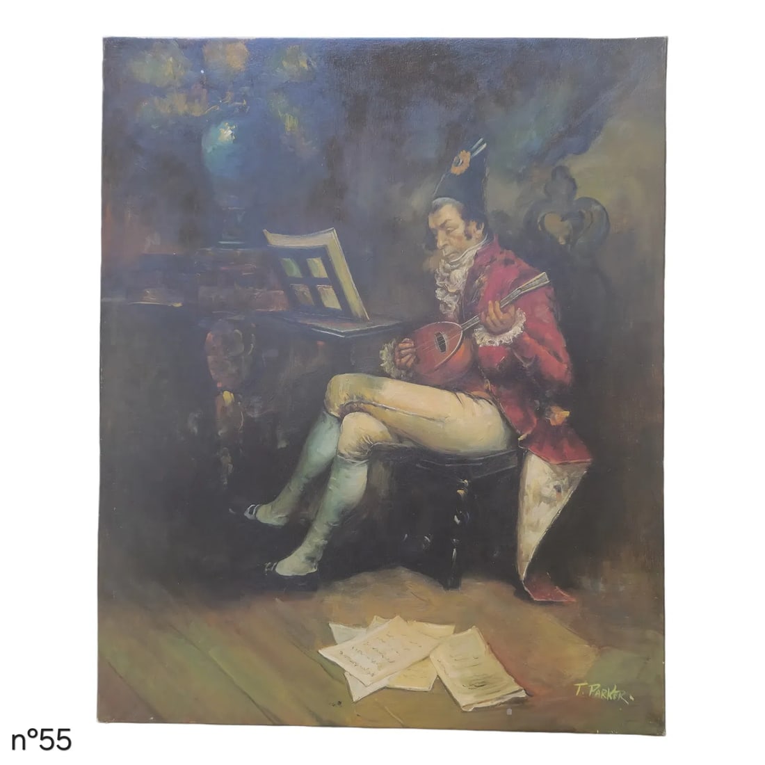 Mid-20th Century Signed T. Parker - Seated Musician With Lute, Oil on Canvas - 2