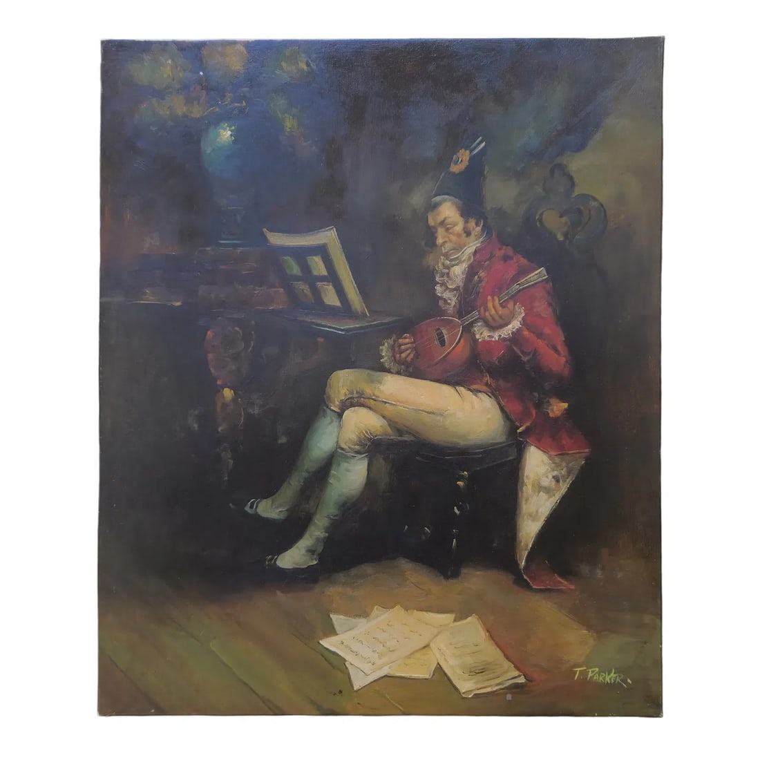 Mid-20th Century Signed T. Parker - Seated Musician With Lute, Oil on Canvas - 3