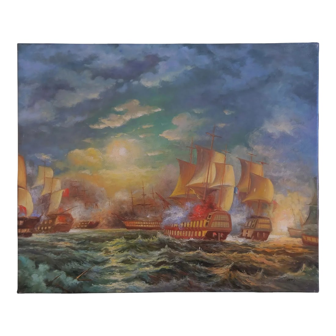 Mid-20th Century Signed G. Tiom - Naval Battle Scene, Oil on Canvas: Oil on canvas depicting a naval battle scene with multiple sailing ships at sea. Several vessels are shown in motion with raised sails, while cannon fire and smoke appear between ships. The water is