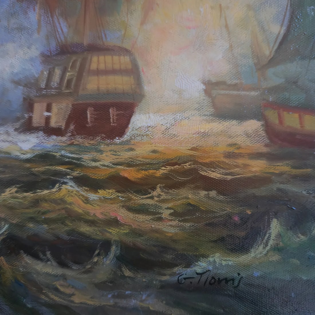 Mid-20th Century Signed G. Tiom - Naval Battle Scene, Oil on Canvas - 3