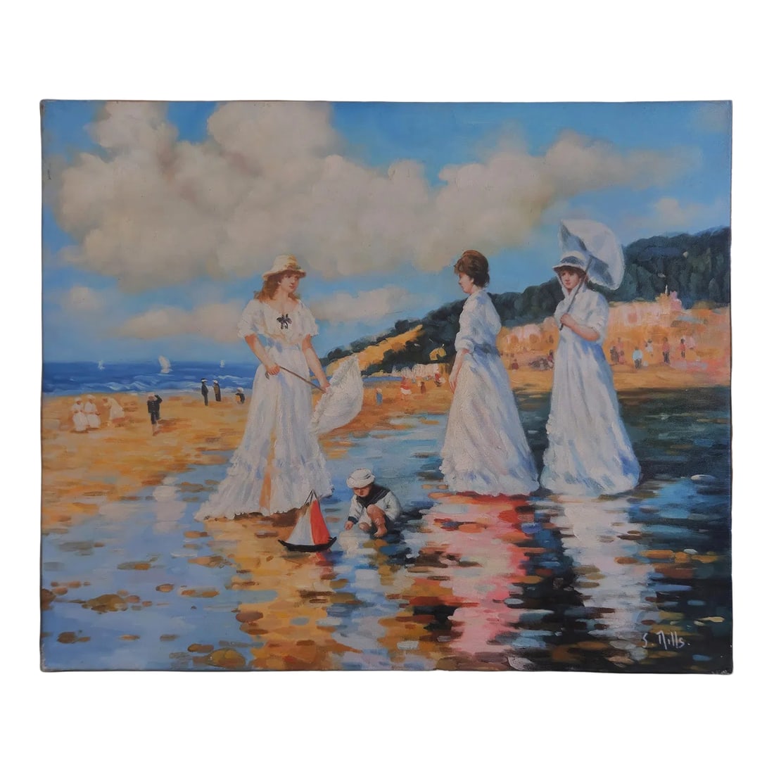 Mid-20th Century Signed S. Mills - Figures at the Shore, Oil on Canvas: Oil on canvas depicting three women and a child standing in shallow water along a beach, with small boats and distant figures visible along the shoreline. The composition emphasizes reflections in