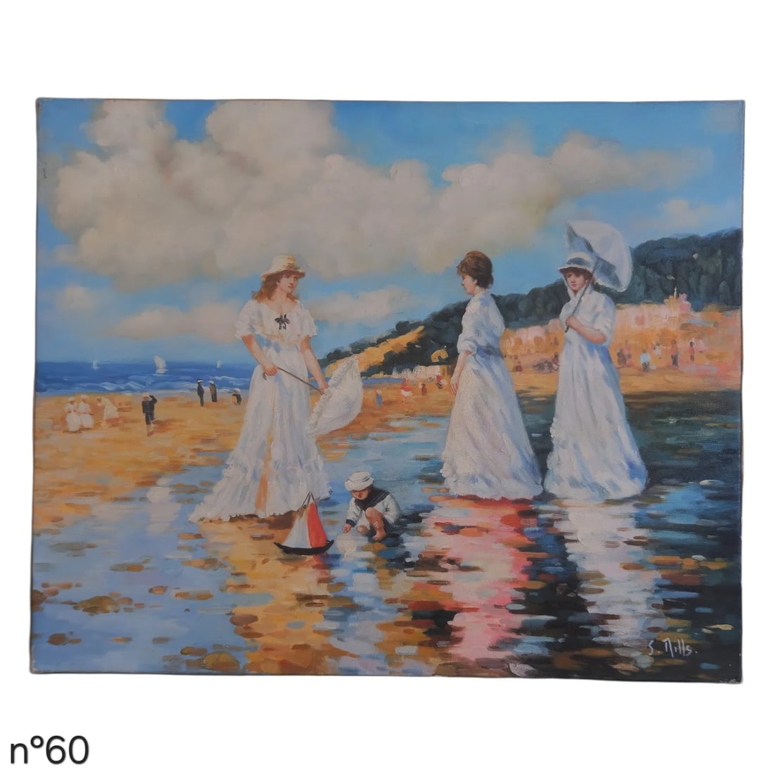 Mid-20th Century Signed S. Mills - Figures at the Shore, Oil on Canvas - 2
