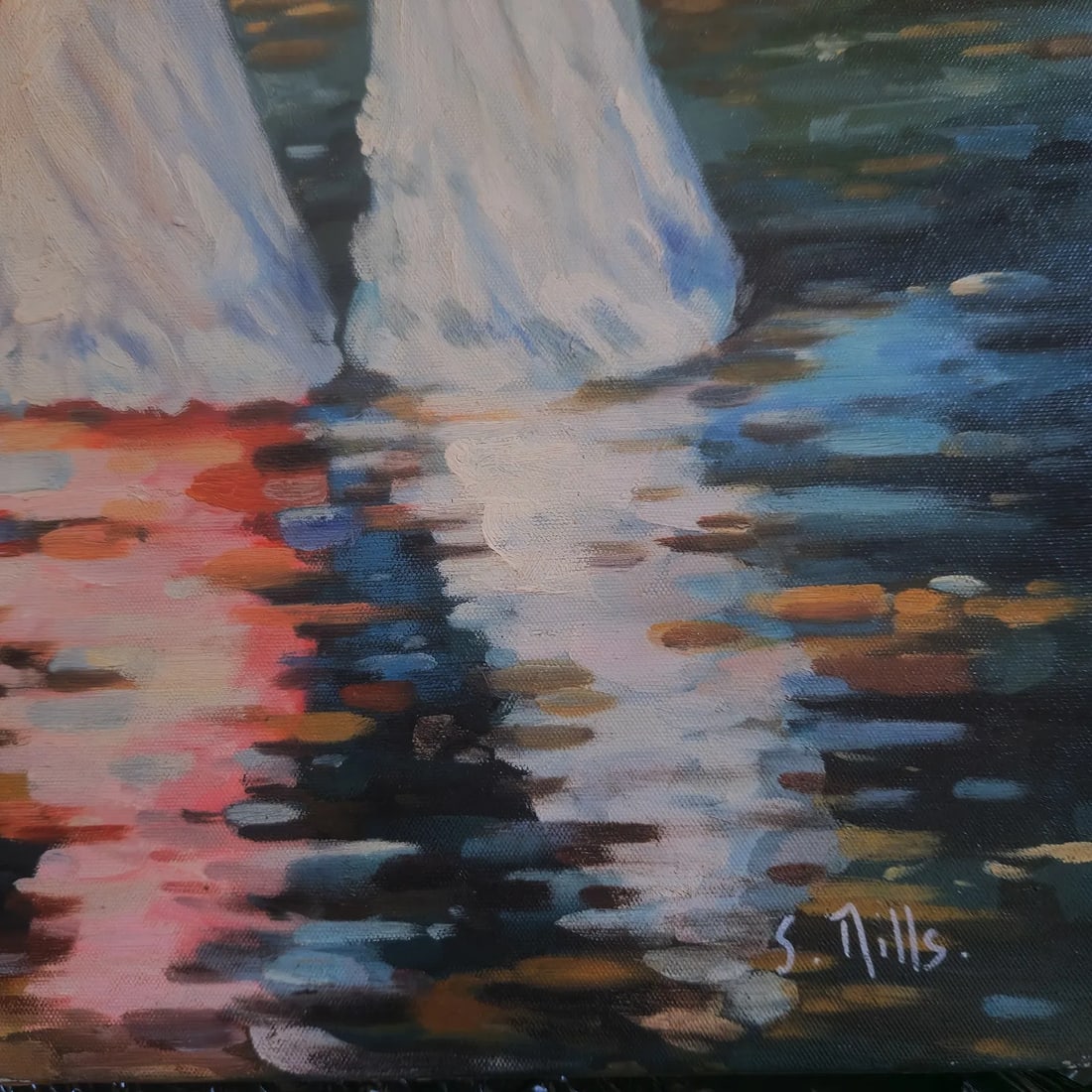 Mid-20th Century Signed S. Mills - Figures at the Shore, Oil on Canvas - 3