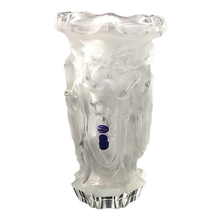 Nude Figures Frosted Glass Art Deco Vase by Ehaiama Zelezny Brod of Bohemia: Vintage frosted glass Bacchantes vase in the Art Deco style. The vase features molded, frosted female nude figures, often referred to as Bacchantes, encircling the exterior.Origin: While styled after