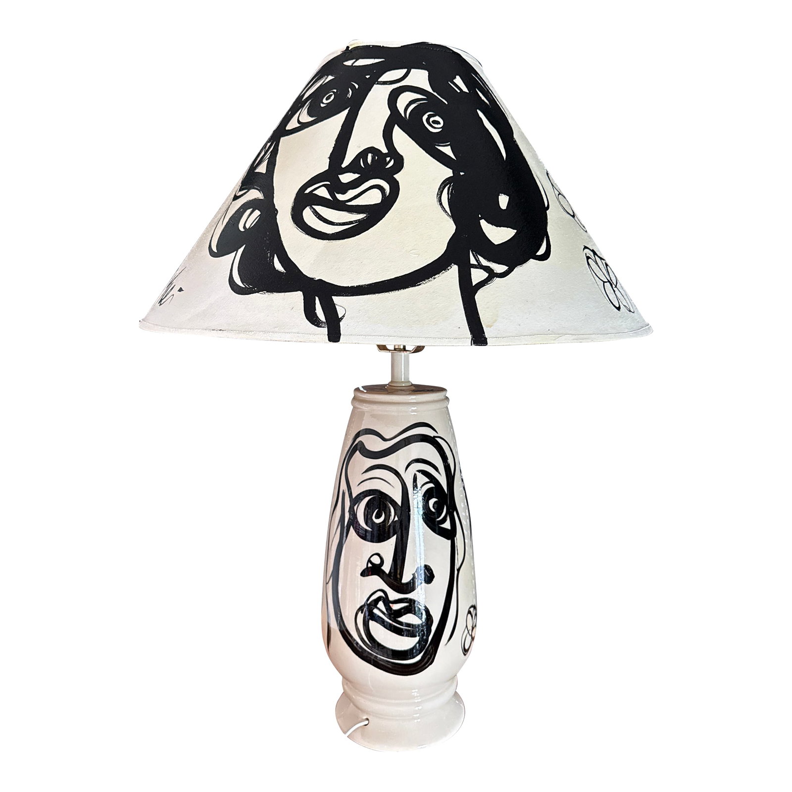 1970s Peter Keil Original Abstract Lamp and Shade Painting: Fantastic Original Hand Painted Table Lamp by Peter Robert Keil. This unique piece depicts black and white abstract faces with matching shade. Peter only painted a small number of lamps so a very