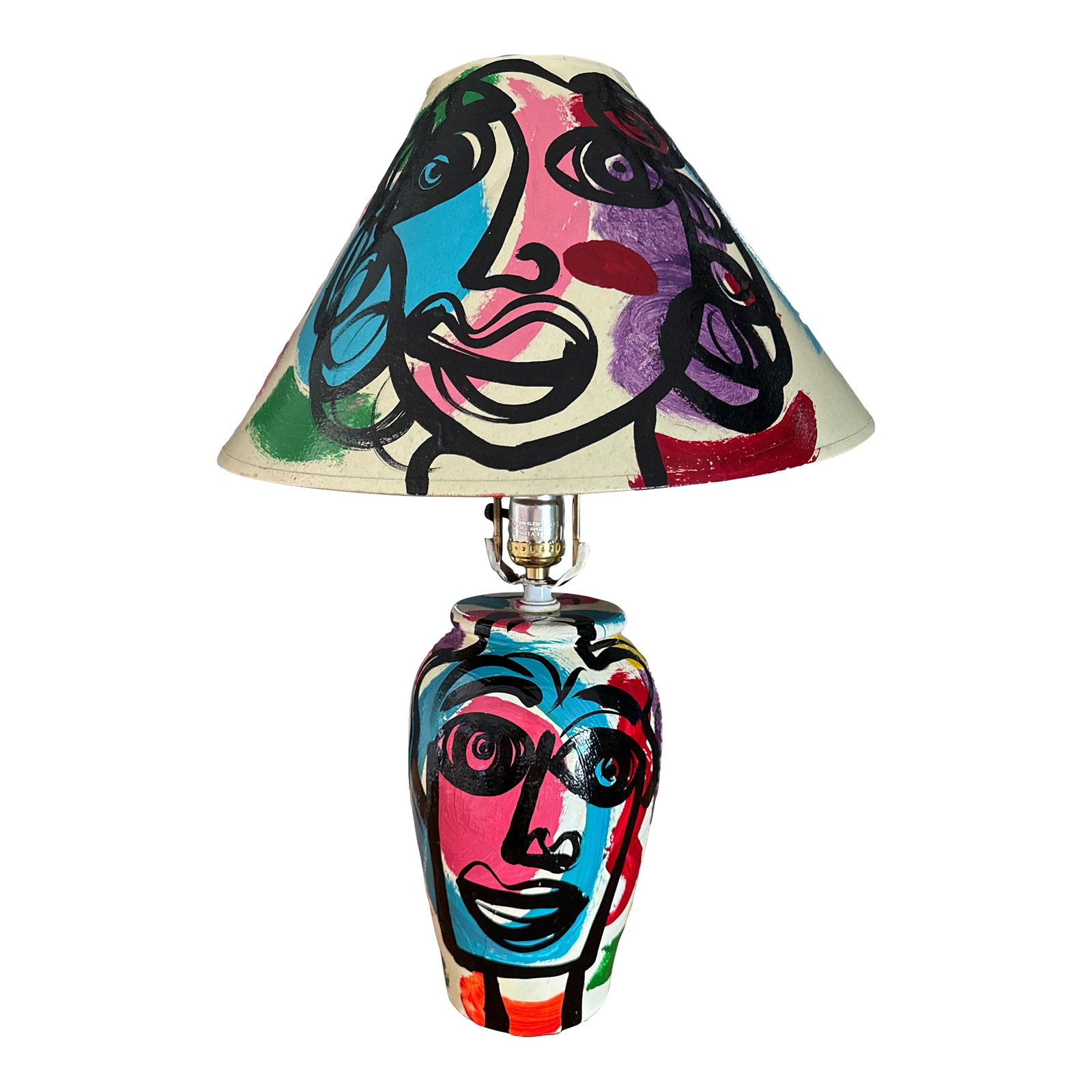 1970s Original Peter Keil Colorful Lamp and Shade Painting: Fantastic Original Hand Painted Table Lamp by Peter Robert Keil. This unique piece depicts colorful abstract faces with matching shade. Peter only painted a small number of lamps so a very special