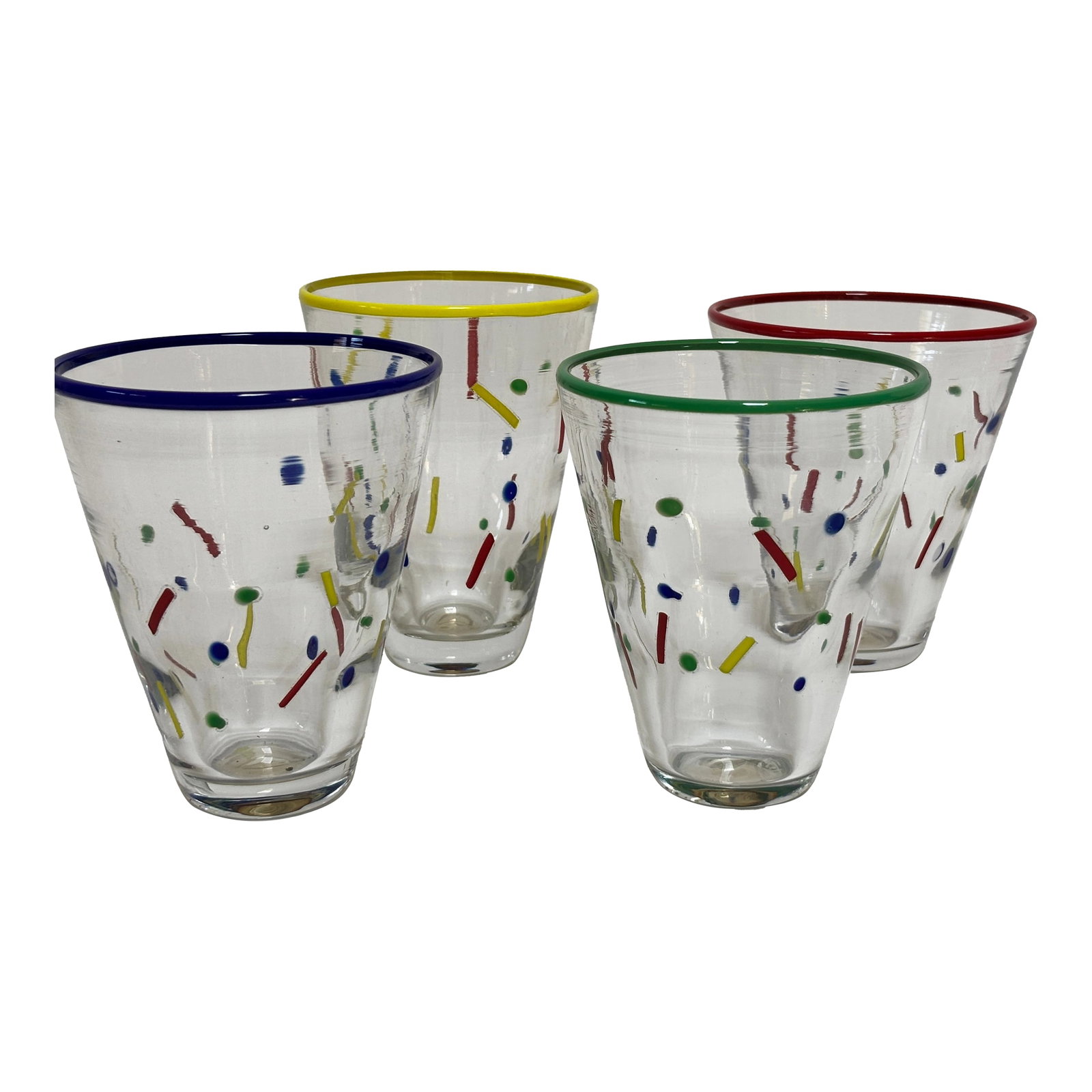 John Burchetta Set of 4 Hand Blown Murano Glass Tumblers, 1995: John Burchetta Signed Studio Art Glass Tumblers, Multicolor Confetti Murano Style, Set of 4, 1995. A striking and highly collectible set of four hand-blown studio art glass tumblers by American glass