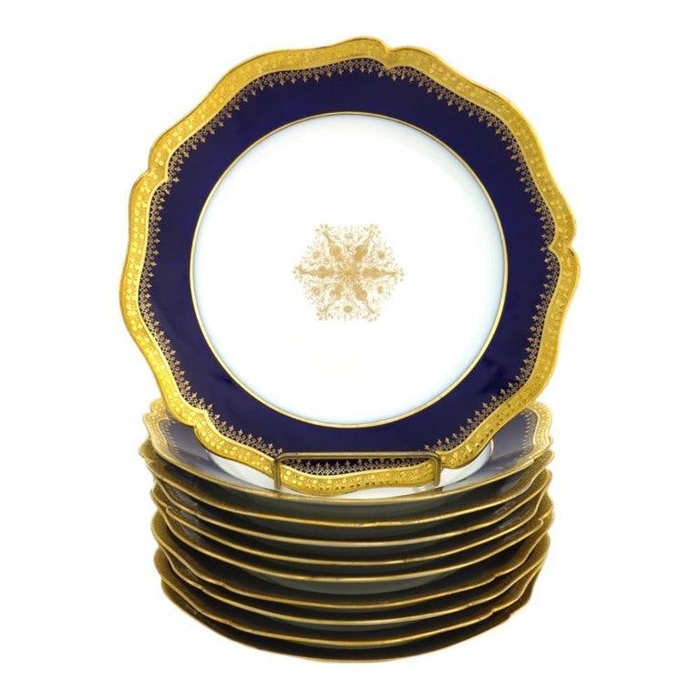 Ten French Limoges Cobalt Blue Porcelain Soup Bowls With Gold Trim C1900 - 8