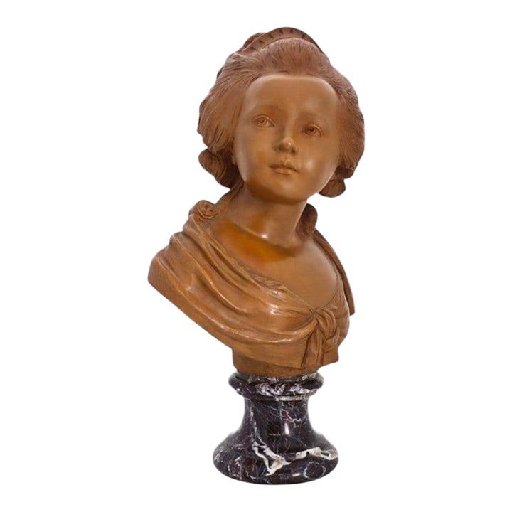 Rare French Classical Terra Cotta Bust of Young Marie Antoinette C1890: An antique French Classical terra cotta bust depicting a young Marie Antoinette, dating to approximately 1890. This finely sculpted piece captures the delicate features and flowing drapery characteris