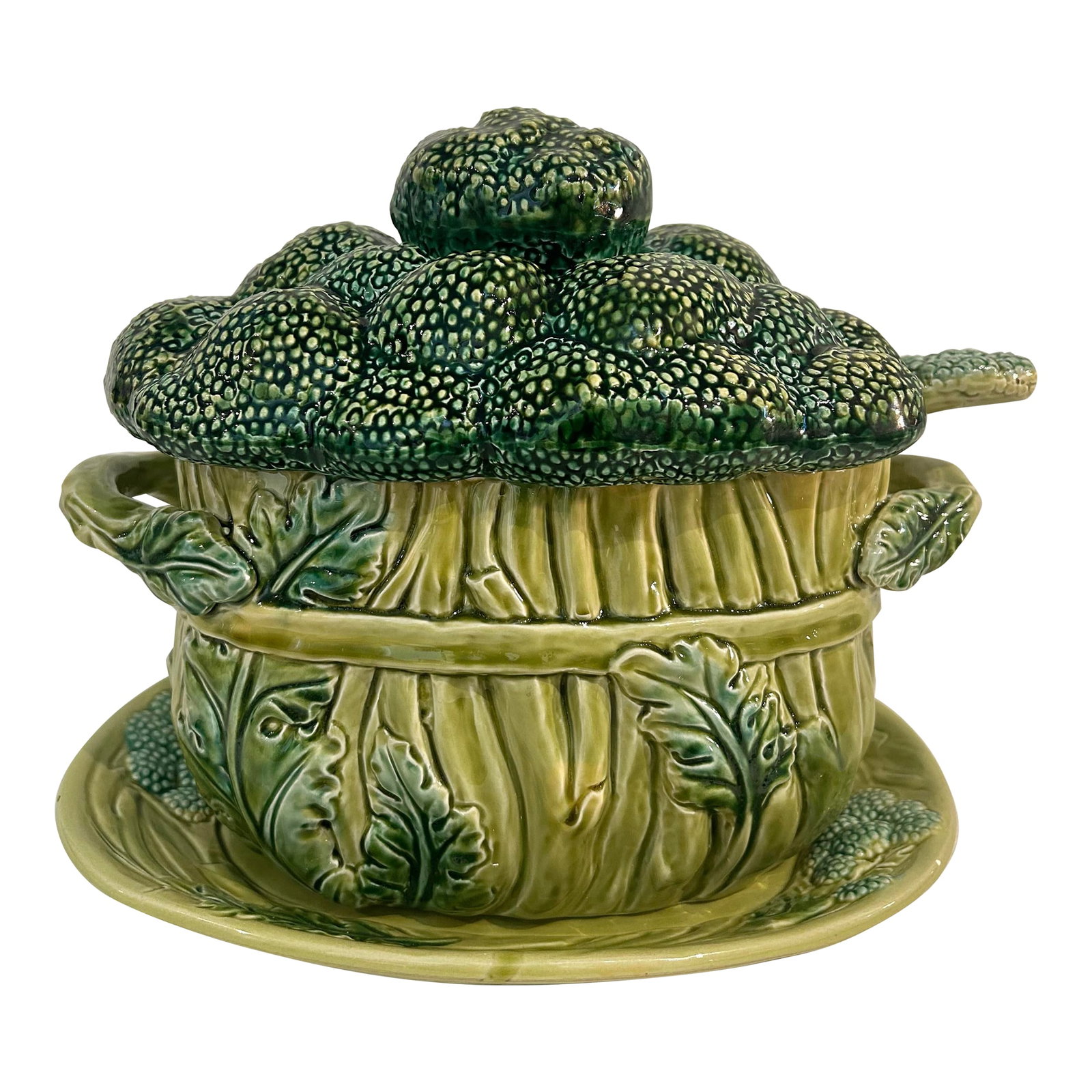 Vintage Portuguese Majolica Broccoli Tureen With Original Ladle & Underplate: Make a memorable statement at the table with this monumental vintage majolica broccoli tureen, complete with its original lid, ladle, and matching underplate. Rich in detail, the piece is designed as
