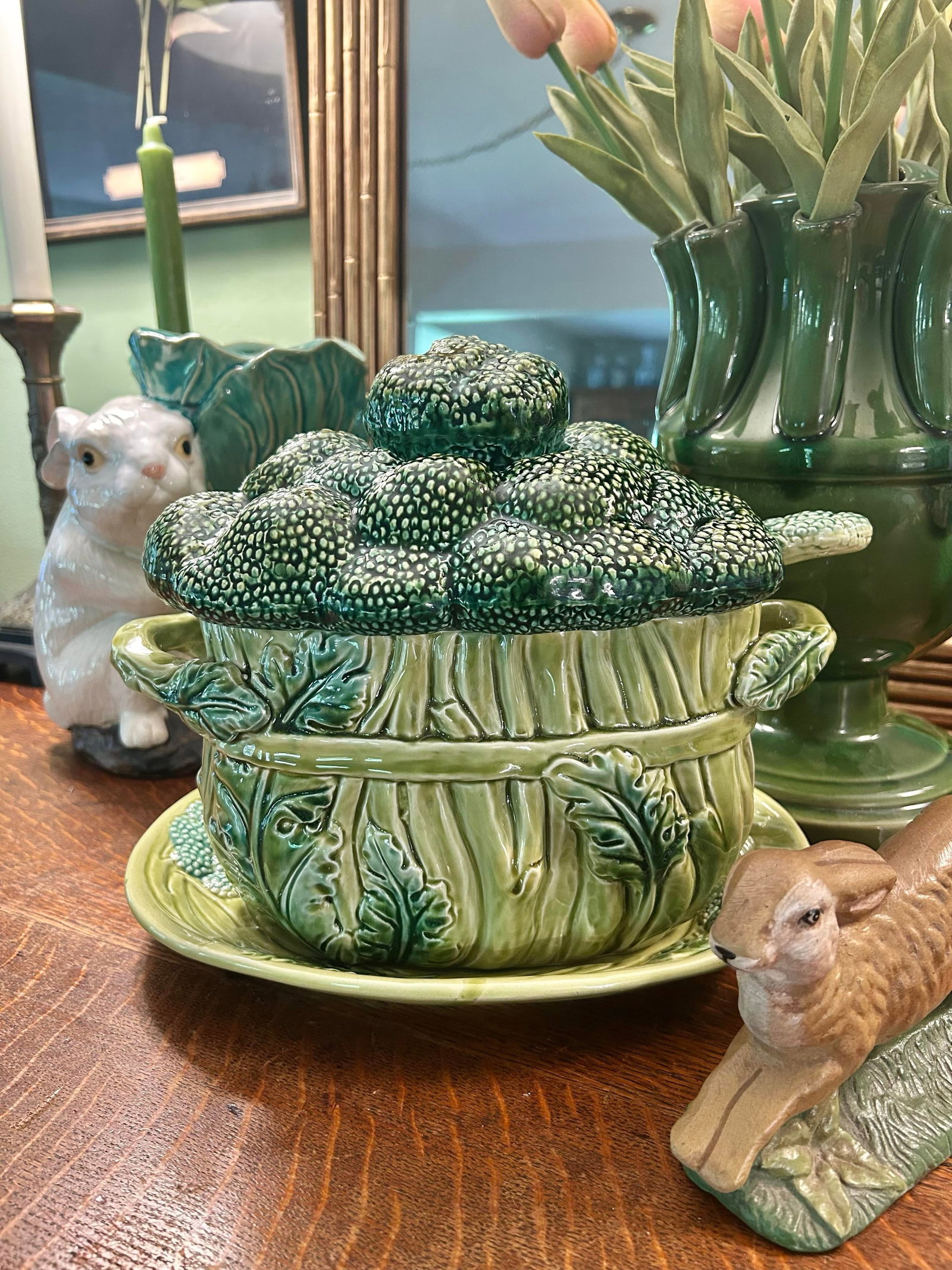 Vintage Portuguese Majolica Broccoli Tureen With Original Ladle & Underplate - 2