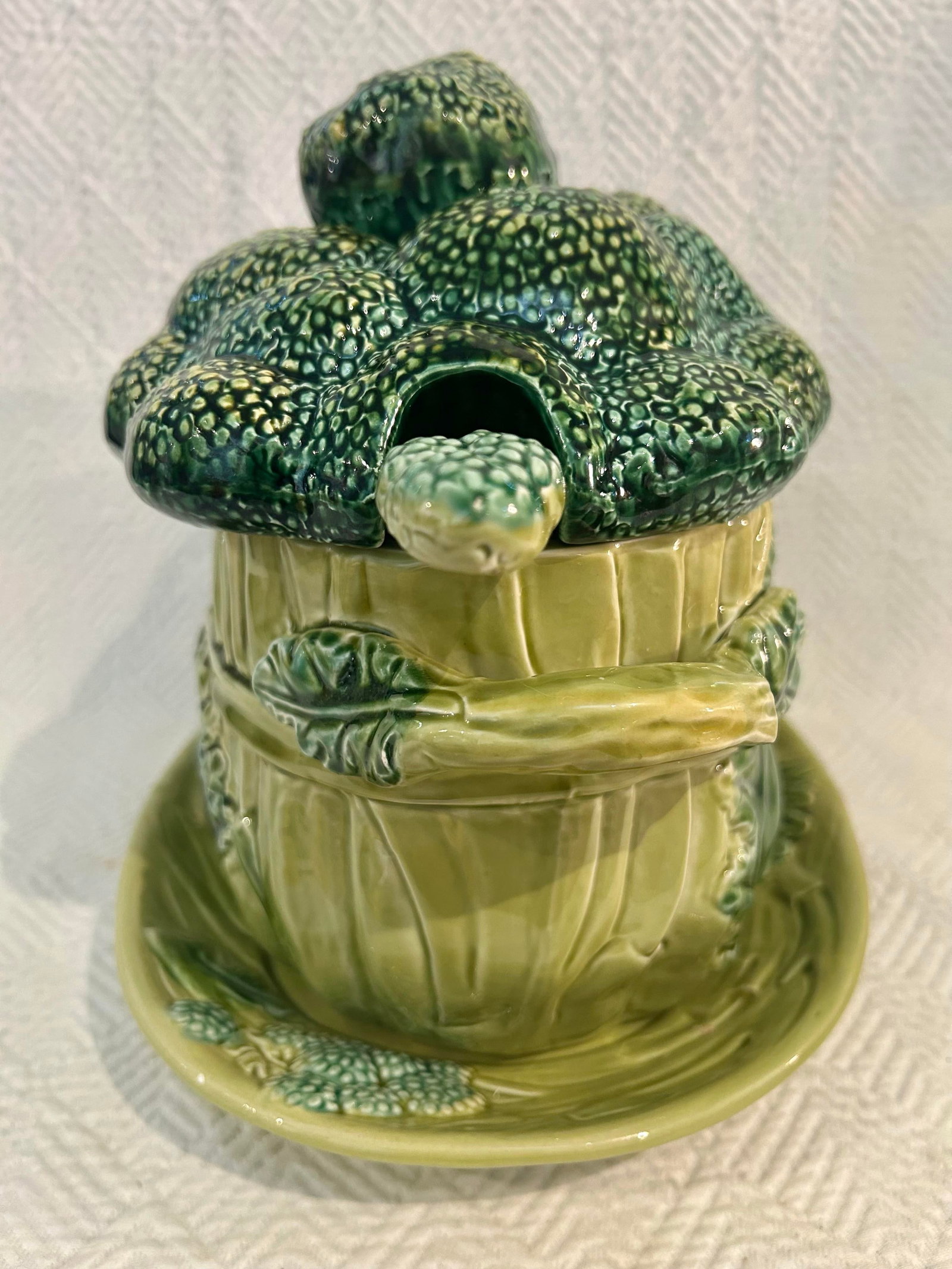 Vintage Portuguese Majolica Broccoli Tureen With Original Ladle & Underplate - 3