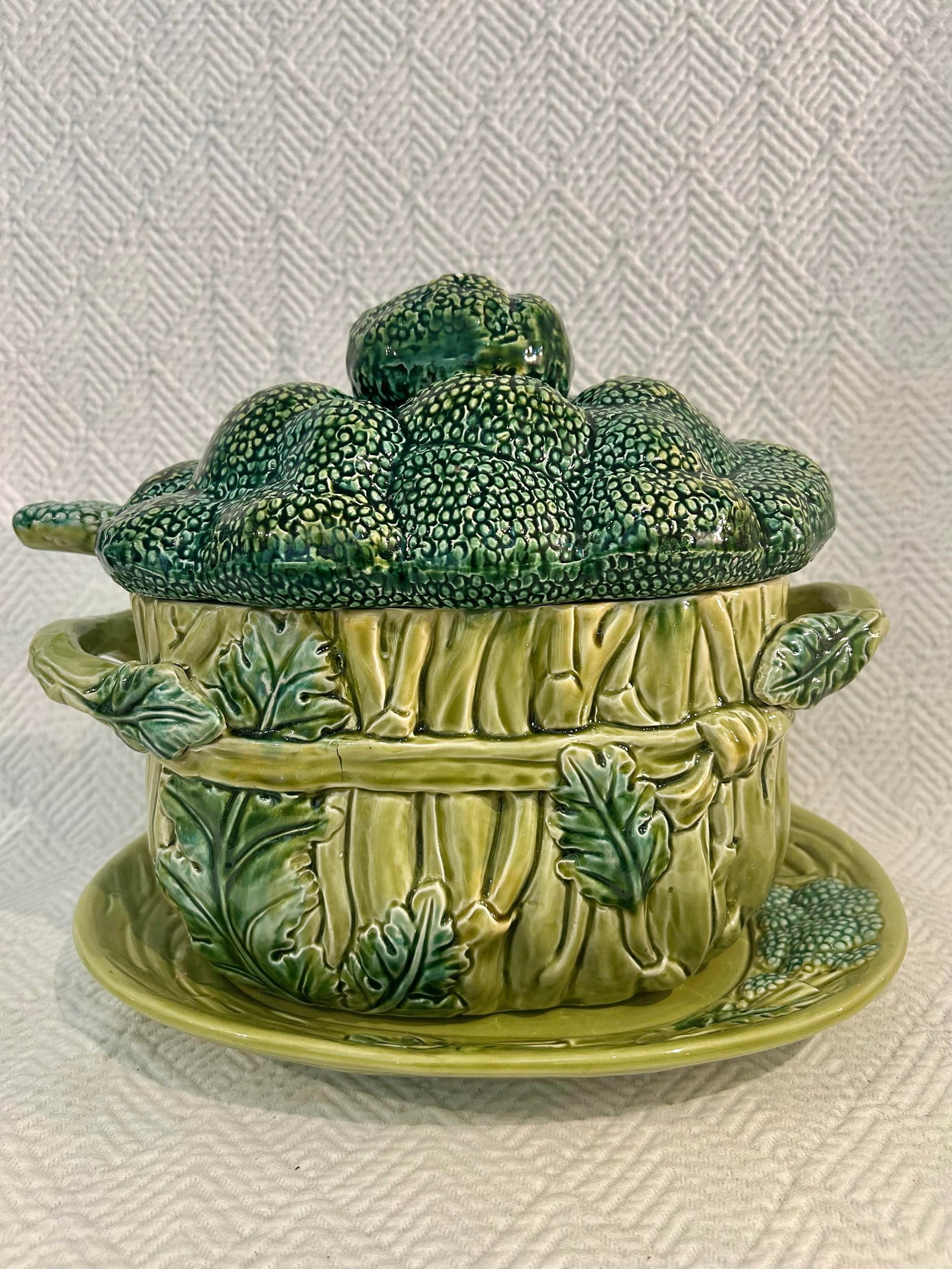 Vintage Portuguese Majolica Broccoli Tureen With Original Ladle & Underplate - 4