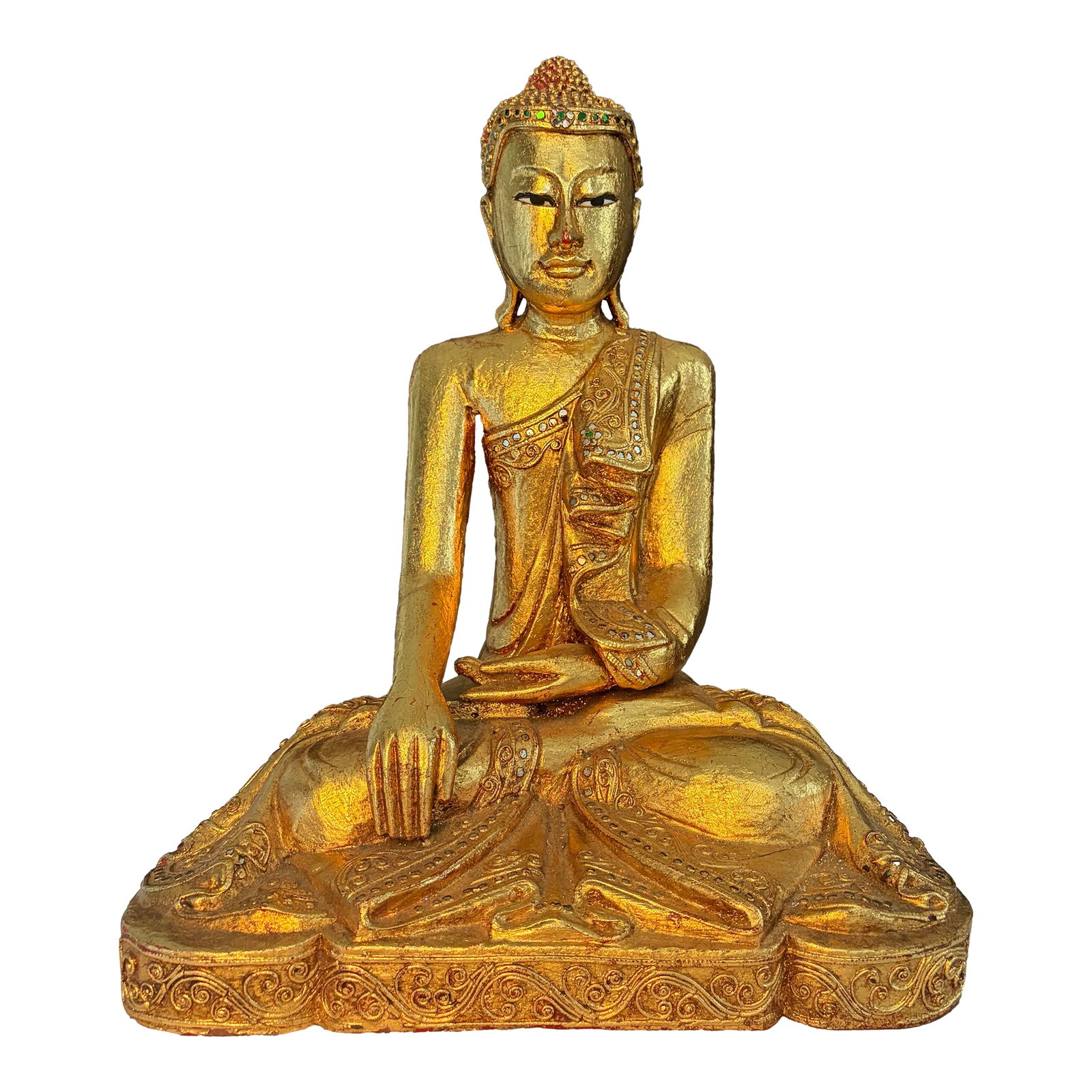 Vintage Carved Burmese Giltwood Seated Buddha With Sequin Accents - Lotus Style: A beautifully hand-carved Burmese Mandalay Buddha finished in luminous gilt with shimmering sequin embellishment, bringing warmth, craftsmanship, and a collected sense of old-world character. Likely