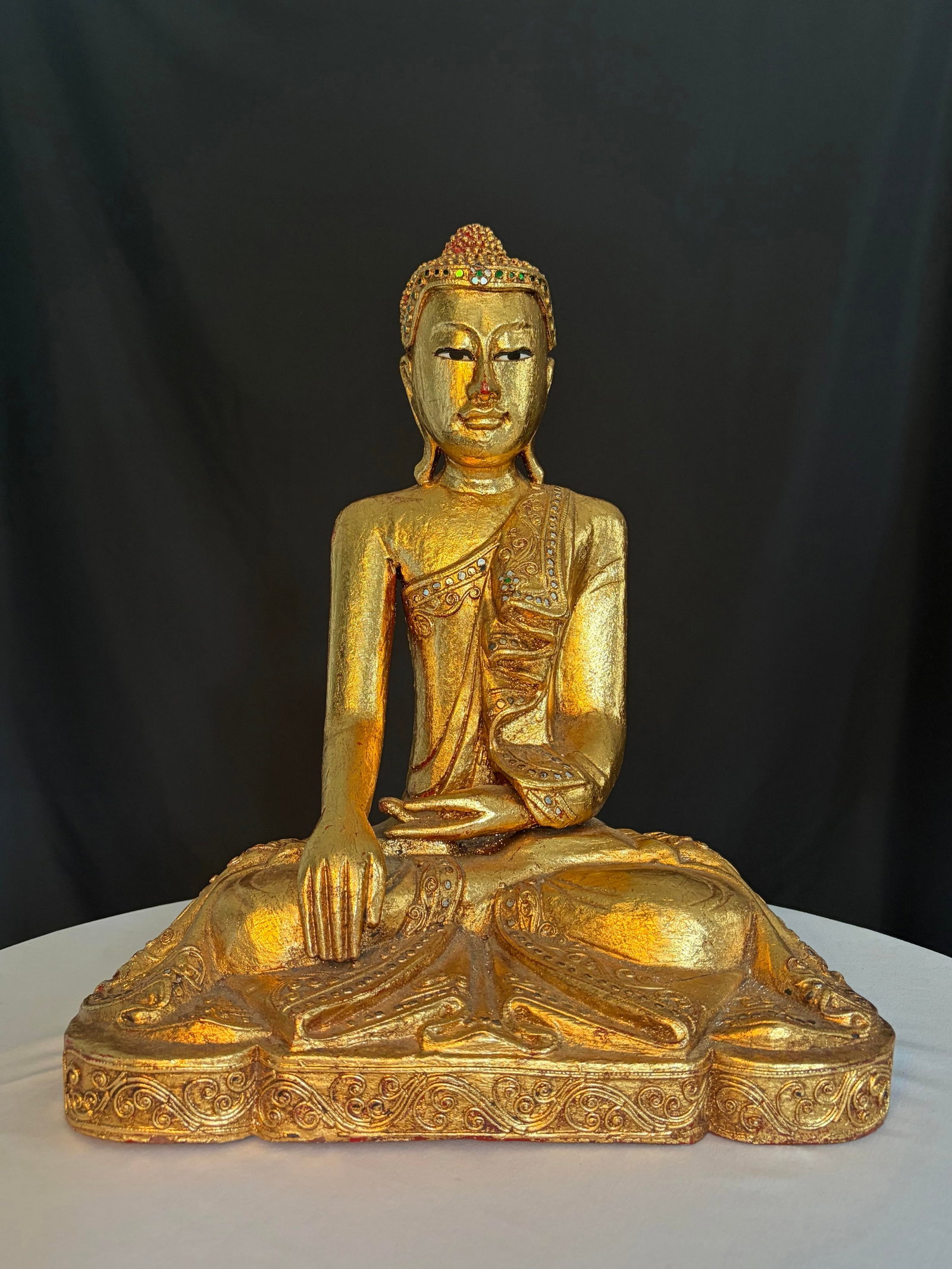 Vintage Carved Burmese Giltwood Seated Buddha With Sequin Accents - Lotus Style - 2