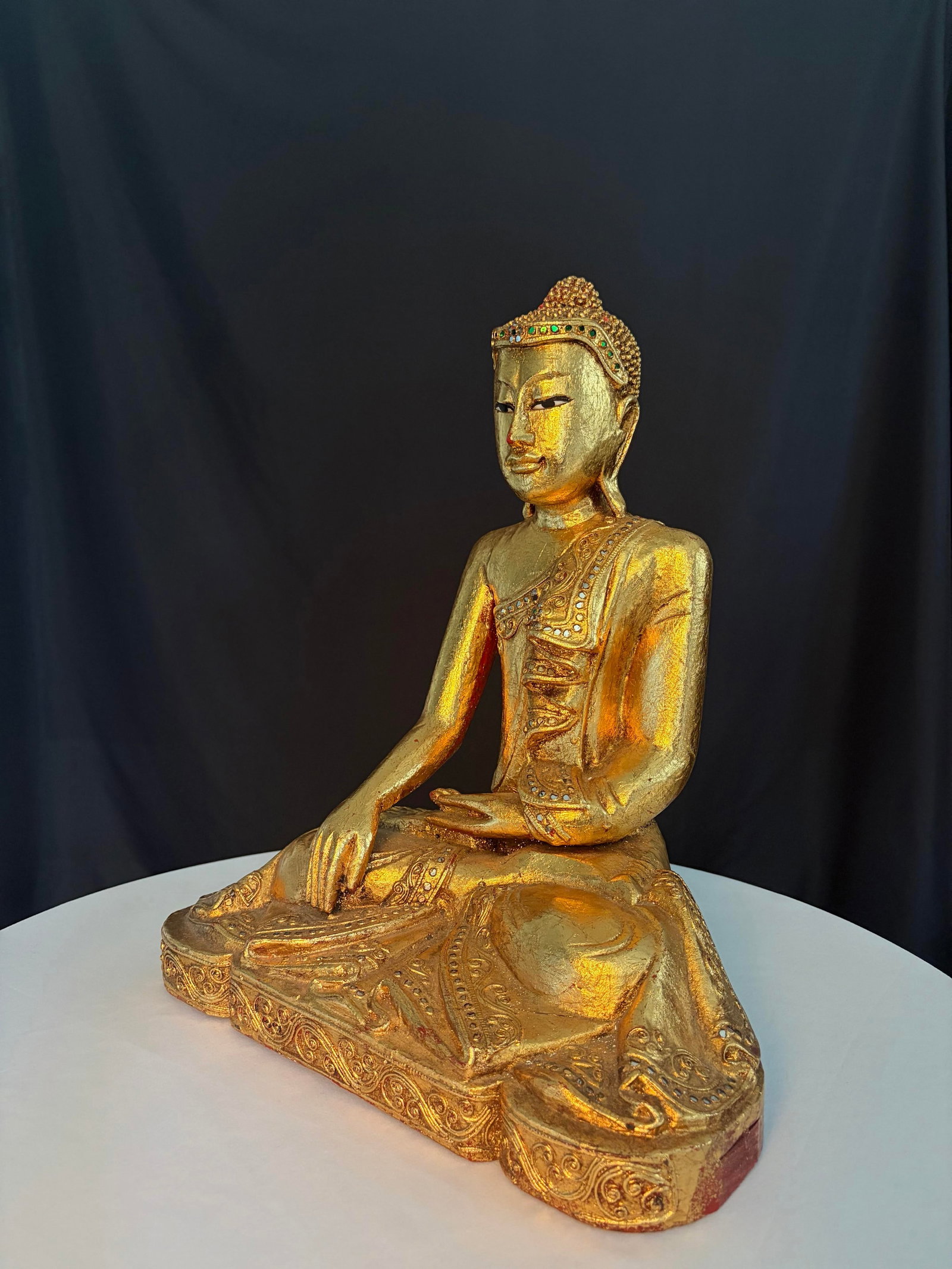 Vintage Carved Burmese Giltwood Seated Buddha With Sequin Accents - Lotus Style - 6