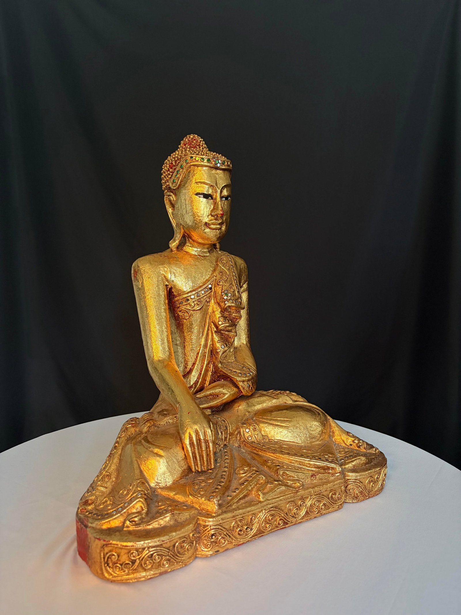 Vintage Carved Burmese Giltwood Seated Buddha With Sequin Accents - Lotus Style - 7