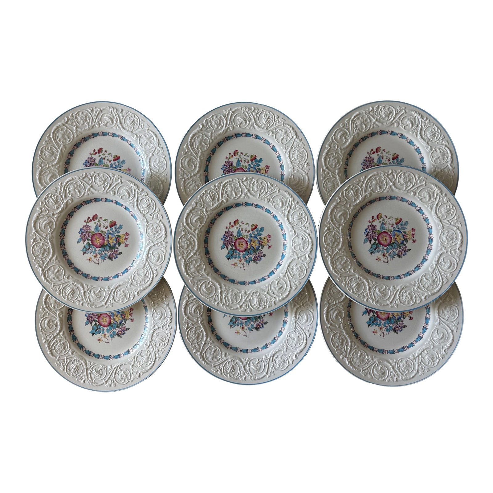 Set of 9 Wedgwood Dinner Plates in the Morning Glory Pattern (1 of 13)