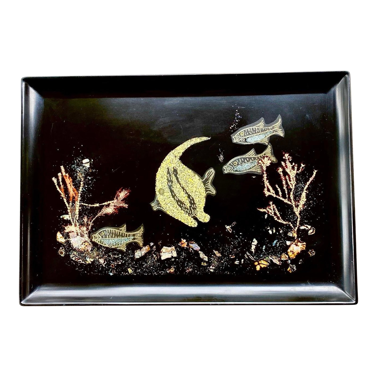 Vintage Couroc of Monterey Undersea Fish Serving Tray – Hand Inlaid Shell & Coral Scene: A wonderful vintage Couroc of Monterey serving tray featuring an enchanting underwater seascape rendered in the company's signature hand-inlaid style. Set against Couroc's rich black resin