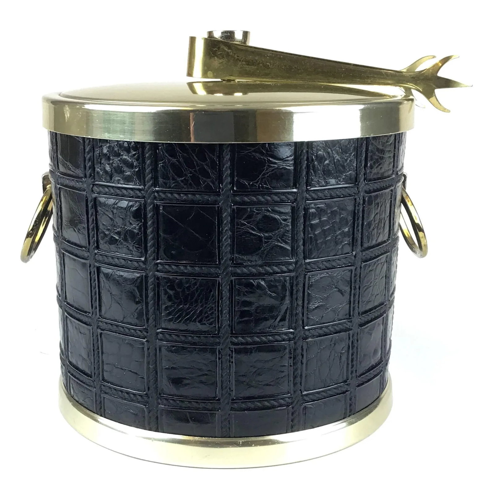 Vintage Mid Century Alligator Embossed Leather Ice Bucket With Tongs - 4