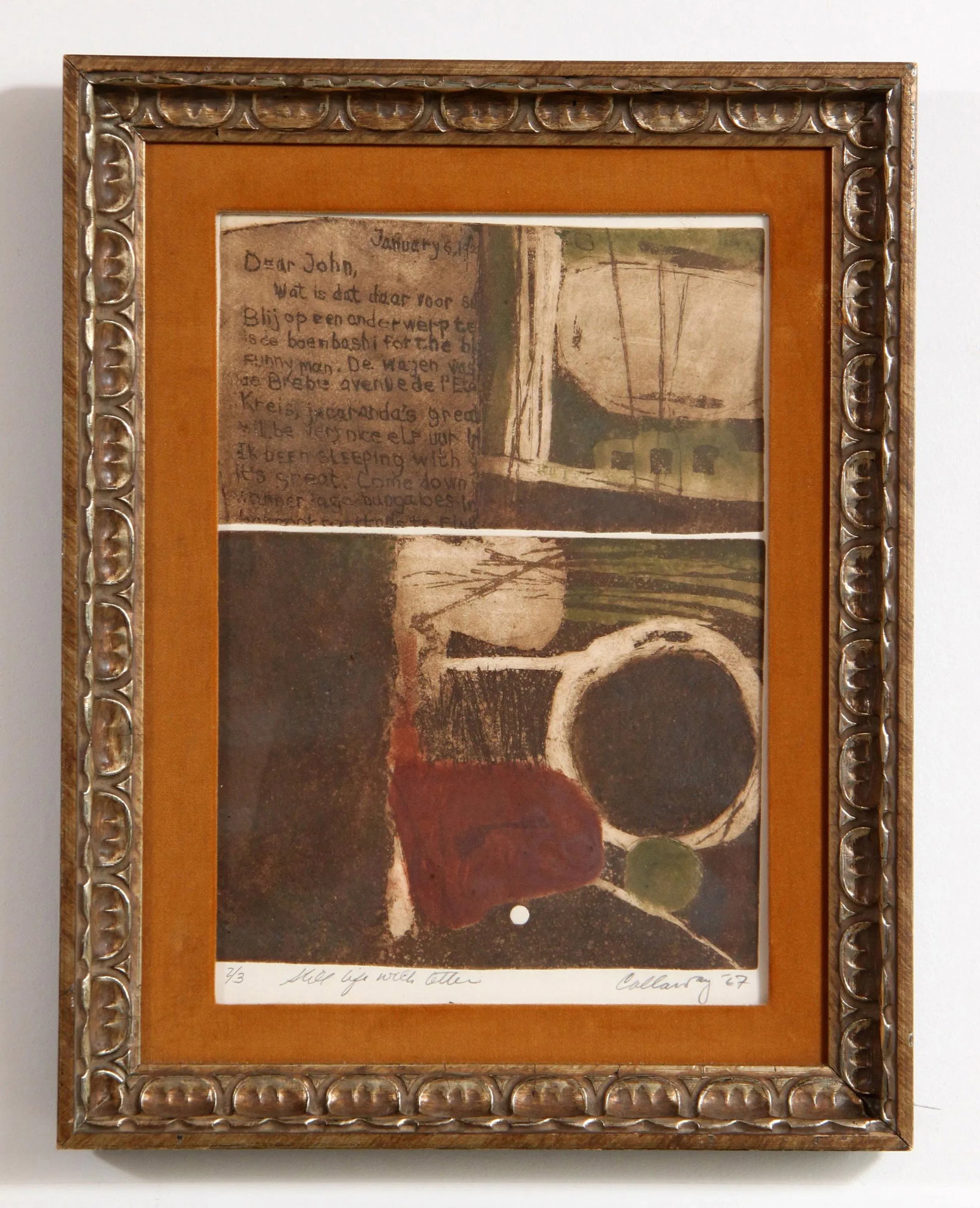 Vintage Mid Century Modern Abstract Aquatint Print by Callaway Titled "Still Life With Letter" - 11