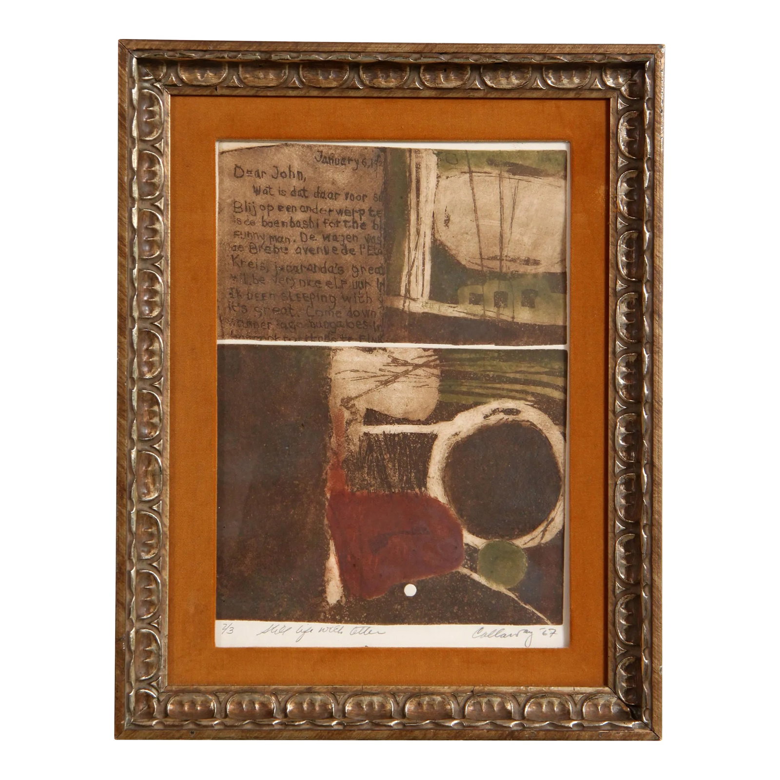 Vintage Mid Century Modern Abstract Aquatint Print by Callaway Titled "Still Life With Letter": Fabulous vintage c.1967 mid century modern abstract aquatint engraving! This is a fabulous piece, super unusual hand-written 'Dear John' letter in the upper left frame. Great dark color palette,